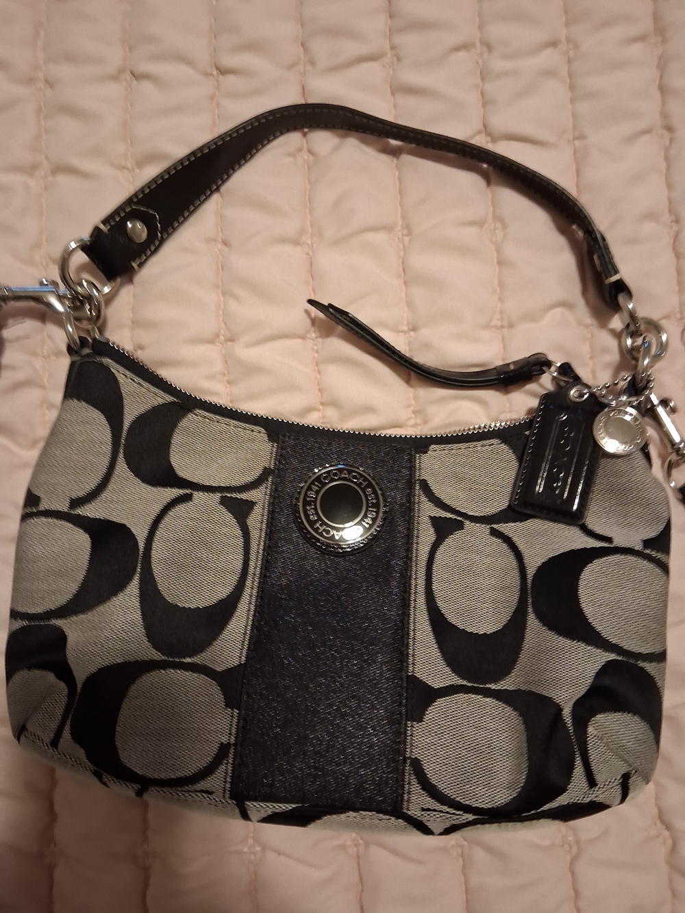 Coach Black and Gray Signature Canvas Shoulder Bag